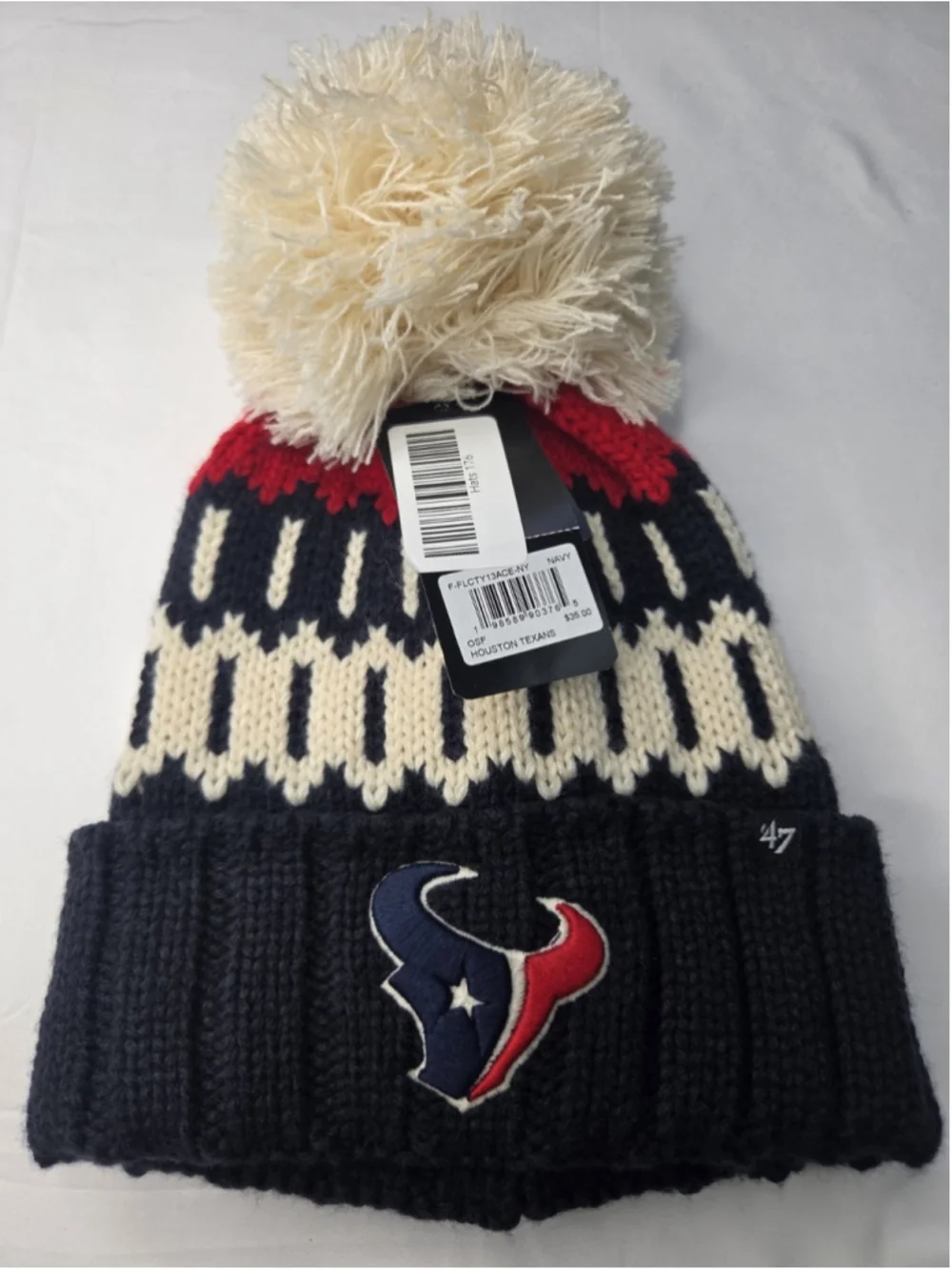 '47 Houston Texans Cuffed Pom Knit Beanie Navy Cream Red NWT New #176